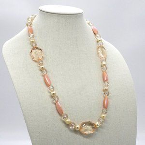 Elegant Necklace Champagne Pearls Peach Pink Crystals Coral Oblong Beads